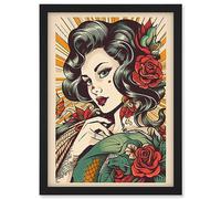 Artery8 Tattoo Pin Up Girl Roses Rockabilly Americana 50s Artwork Framed A3 Wall Art Print