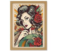 Artery8 Tattoo Pin Up Girl Roses Rockabilly Americana 50s Artwork Framed A3 Wall Art Print