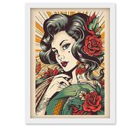 Artery8 Tattoo Pin Up Girl Roses Rockabilly Americana 50s Artwork Framed Wall Art Print A4