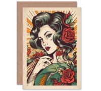 Artery8 Tattoo Pin Up Girl Roses Rockabilly Americana Wife Her Mum Sister Daughter Mom Gran Nan Birthday Thank You Congratulations Blank Art Greeting Card