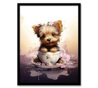 Artery8 Tea Cup Yorkshire Terrier Lovers Gift Watercolour Pet Portrait Painting Artwork Artwork Framed Wall Art Print 18X24 Inch