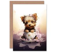 Artery8 Tea Cup Yorkshire Terrier Lovers Gift Watercolour Pet Portrait Painting Artwork Sealed Greeting Card Plus Envelope Blank inside