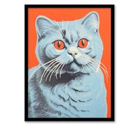 Artery8 Teal And Coral Cat Screen Print Risograph Artwork Spot Block Colour Duotone Retro Riso Interior Design Scottish Fold Cat Artwork Framed Wall Art Print 18X24 Inch