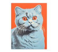Artery8 Teal And Coral Cat Screen Print Risograph Artwork Spot Block Colour Duotone Retro Riso Interior Design Scottish Fold Cat Large Wall Art Poster Print Thick Paper 18X24 Inch