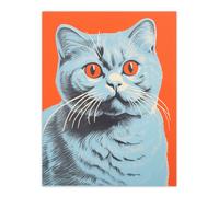 Artery8 Teal And Coral Cat Screen Print Risograph Artwork Spot Block Colour Duotone Retro Riso Interior Design Scottish Fold Cat Extra Large XL Wall Art Poster Print