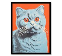 Artery8 Teal & Coral Cat Screen Print Risograph Artwork Spot Block Colour Duotone Retro Riso Interior Design Scottish Fold Cat Art Print Framed Artery8 Black W12" x H16"