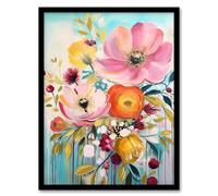 Teal Pink Yellow Flowers Bright Elegant Oil Painting Vibrant Spring Blooms Art Print Framed Poster Wall Decor Artery8 Black A4