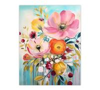 Artery8 Teal Pink Yellow Flowers Bright Elegant Oil Painting Vibrant Spring Blooms Large Wall Art Poster Print Thick Paper 18X24 Inch