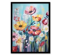 Wall Art Print Teal Pink Yellow Flowers Elegant Watercolour Artwork Wildflower Meadow Art Framed Artery8 Black A4