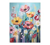 Teal Pink Yellow Flowers Elegant Watercolour Artwork Wildflower Meadow Large Wall Unframed Art Poster Print Thick Paper 18X24 Inch Artery8 Multi W18 inch x H24 inch