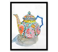Artery8 Teapot Colourful Patterns Watercolour Folk Art Kitchen Artwork Framed Wall Art Print A4