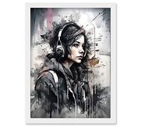 Artery8 Teenager Girl in Black Hoodie Listening to Music through Headphones Modern Watercolour Painting Artwork Framed Wall Art Print A4