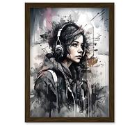 Artery8 Teenager Girl in Black Hoodie Listening to Music through Headphones Modern Watercolour Painting Artwork Framed Wall Art Print A4