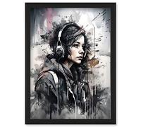 Artery8 Teenager Girl in Black Hoodie Listening to Music through Headphones Modern Watercolour Painting Artwork Framed Wall Art Print A4