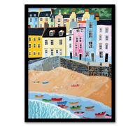 Artery8 Tenby Beach Harbour Colourful Coastal Townscape Framed Art Print | Size: W12" x H16" Artery8 Multicolor W12" x H16"