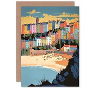 Artery8 Tenby Castle Beach Coastal Town in Wales Linocut Travel Birthday Sealed Greeting Card Plus Envelope Blank inside
