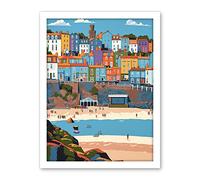 Artery8 Tenby Castle Beach in Wales Colourful Townscape Artwork Framed Wall Art Print 18X24 Inch