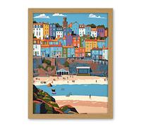 Artery8 Tenby Castle Beach in Wales Colourful Townscape Artwork Framed Wall Art Print 18X24 Inch
