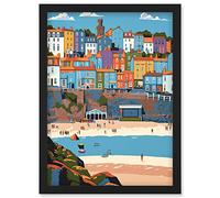 Artery8 Tenby Castle Beach in Wales Colourful Townscape Artwork Framed Wall Art Print A4
