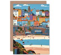 Artery8 Tenby Castle Beach in Wales Colourful Townscape Travel Birthday Sealed Greeting Card Plus Envelope Blank inside