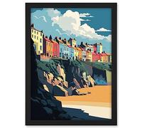 Artery8 Tenby Harbour Beach Coastal Town Illustration Artwork Framed A3 Wall Art Print