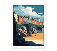 Artery8 Tenby Harbour Beach Coastal Town Illustration Artwork Framed Wall Art Print 18X24 Inch