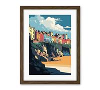 Artery8 Tenby Harbour Beach Coastal Town Illustration Artwork Framed Wall Art Print 18X24 Inch