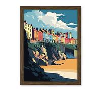 Artery8 Tenby Harbour Beach Coastal Town Illustration Artwork Framed Wall Art Print 18X24 Inch