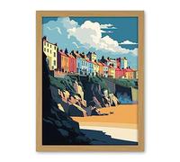 Artery8 Tenby Harbour Beach Coastal Town Illustration Artwork Framed Wall Art Print 18X24 Inch