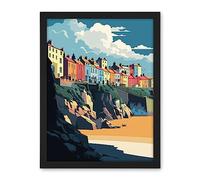Artery8 Tenby Harbour Beach Coastal Town Illustration Artwork Framed Wall Art Print 18X24 Inch