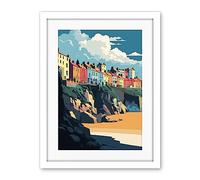 Artery8 Tenby Harbour Beach Coastal Town Illustration Artwork Framed Wall Art Print 18X24 Inch