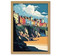 Artery8 Tenby Harbour Beach Coastal Town Illustration Artwork Framed Wall Art Print A4