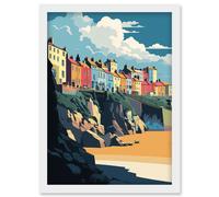 Artery8 Tenby Harbour Beach Coastal Town Illustration Artwork Framed Wall Art Print A4