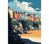 Artery8 Tenby Harbour Beach Coastal Town Illustration Large Wall Art Poster Print Thick Paper 18X24 Inch