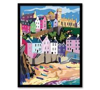 Artery8 Tenby Harbour Beach Coastal Townscape Colourful Living Room Artwork Framed Wall Art Print A4