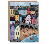 Artery8 Tenby Harbour Beach Colourful Coastal Townscape Birthday Art Card Artery8 Multicolor
