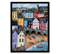 Artery8 Tenby Harbour Beach Colourful Coastal Townscape Living Room Artwork Framed Wall Art Print A4