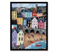 Artery8 Tenby Harbour Beach Colourful Coastal Townscape Living Room Artwork Framed Wall Art Print 18X24 Inch