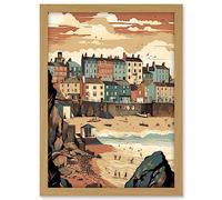 Artery8 Tenby Harbour Beach Pastel Colour Coastal Town Artwork Framed A3 Wall Art Print