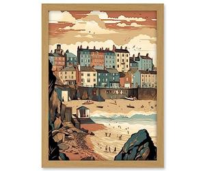 Artery8 Tenby Harbour Beach Pastel Colour Coastal Town Artwork Framed A3 Wall Art Print