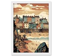 Artery8 Tenby Harbour Beach Pastel Colour Coastal Town Artwork Framed Wall Art Print A4