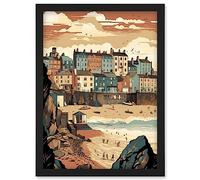 Artery8 Tenby Harbour Beach Pastel Colour Coastal Town Artwork Framed Wall Art Print A4