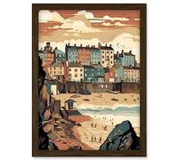 Artery8 Tenby Harbour Beach Pastel Colour Coastal Town Artwork Framed Wall Art Print A4