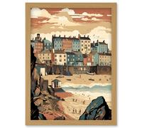 Artery8 Tenby Harbour Beach Pastel Colour Coastal Town Artwork Framed Wall Art Print A4