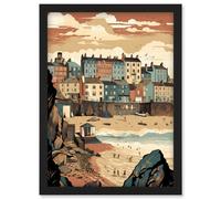Artery8 Tenby Harbour Beach Pastel Colour Coastal Town Artwork Framed Wall Art Print A4 in Black Artery8 Black