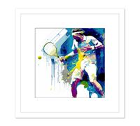 Artery8 Tennis Player Hitting Ball Racquet Action Colourful Sport Painting Square Wooden Framed Wall Art Print Picture 8X8 Inch in White Artery8 White