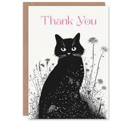 Artery8 Thank You Card Cat Lover Wildflower Pet Black White Design For Her Gran Sister Niece Daughter Wife Woman Greeting Card