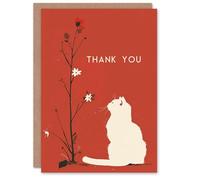 Artery8 Thank You Card White Cat Lover Wildflower Bloom Red Design For Her Gran Sister Niece Daughter Wife Woman Greeting Card