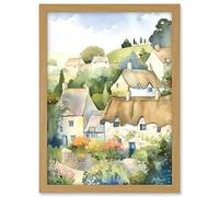 Artery8 Thatched Roof Cottage House Village in Soft Pastel Colours Modern Watercolour Painting Artwork Framed A3 Wall Art Print