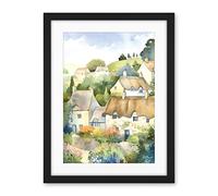 Artery8 Thatched Roof Cottage House Village in Soft Pastel Colours Modern Watercolour Painting Artwork Framed Wall Art Print 18X24 Inch